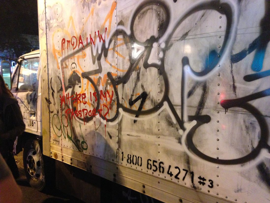 Someone tagged the truck with Ai Wei Wei-related graffiti (Jen Chung/Gothamist)